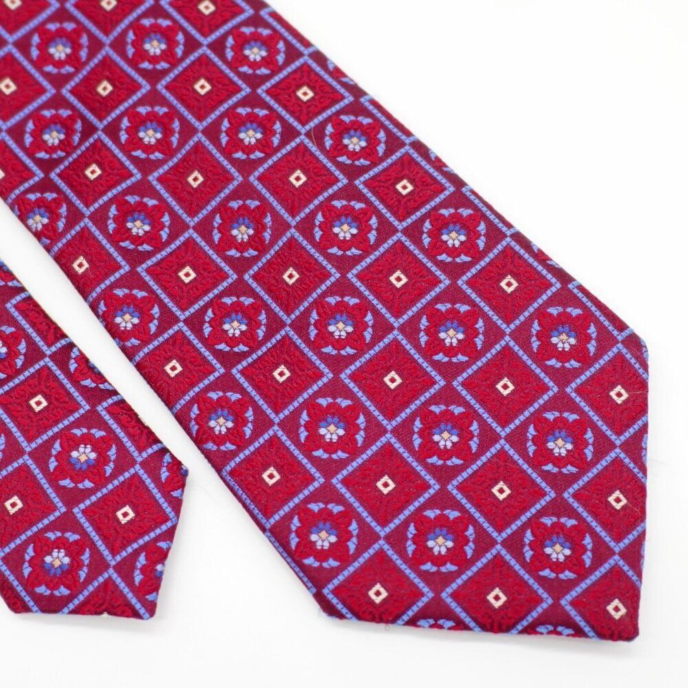 Eagle Shirtmakers Red Blue Geometric Floral Woven Silk Tie‎